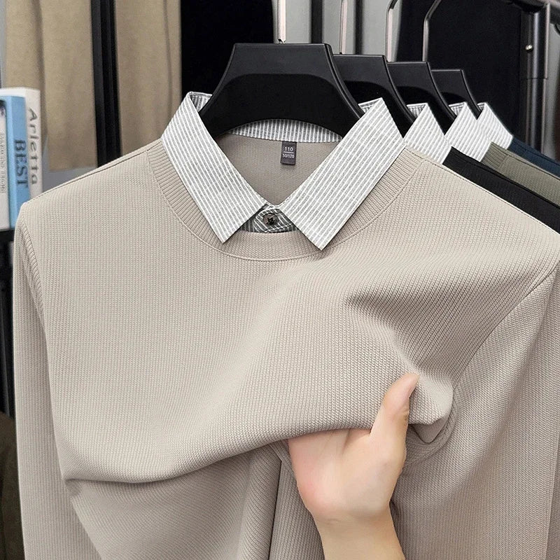 2025 New Men's Fake Two Piece Polo Shirt Casual Fashion Long Sleeve