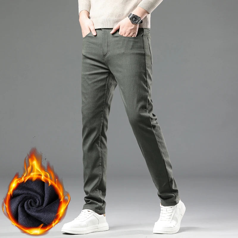Winter New 2025 Fleece Pants Men's Thick Slim Elastic Business Casual