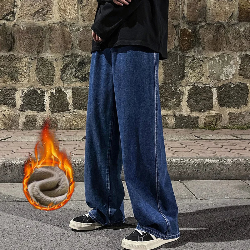 Men's Winter Fleece Loose Jeans Velvet Warm Elastic Waist Wide Leg Y2K