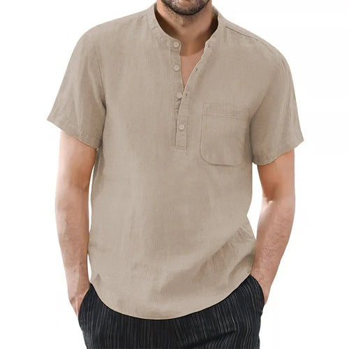 Men's Short Sleeve T-shirt Cotton and Linen Casual Men T-shirt Solid