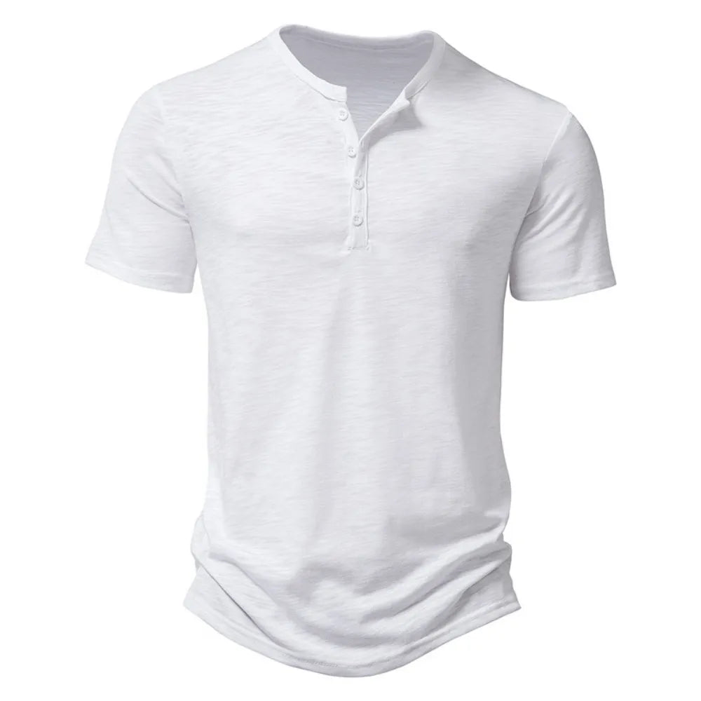 Henley Collar Summer Men Casual Solid Color Short Sleeve T Shirt for