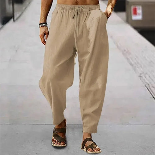 New Men Cotton Linen Pants Summer and Autumn Solid High Waist Wide-Leg