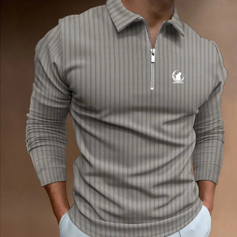 Men Clothes New Long Sleeve Zipper Stripe Polo Shirt Casual Men Polo