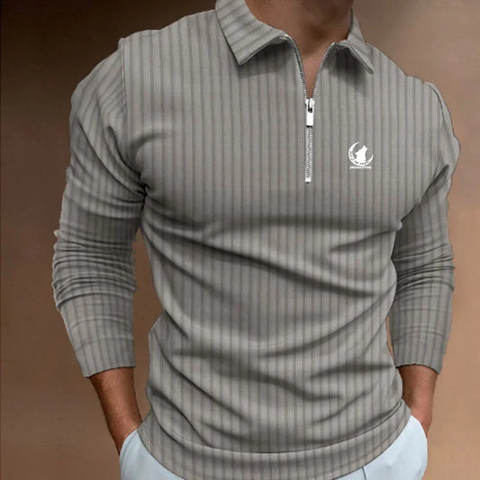 Men Clothes New Long Sleeve Zipper Stripe Polo Shirt Casual Men Polo