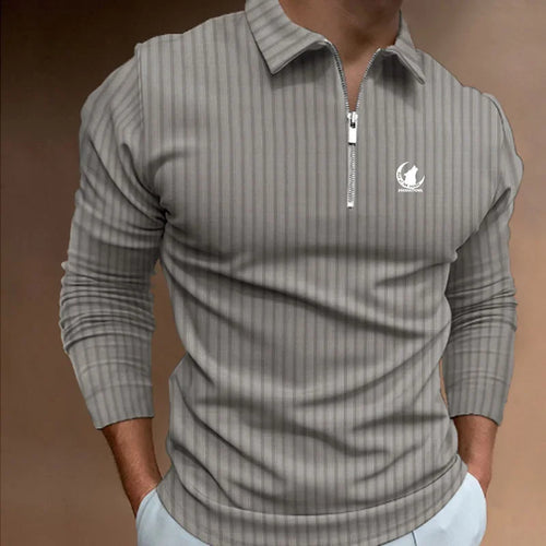 Men Clothes New Long Sleeve Zipper Stripe Polo Shirt Casual Men Polo