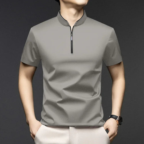 2025 New Men's Casual Fashion Zipper Solid Color Short Sleeved Polo