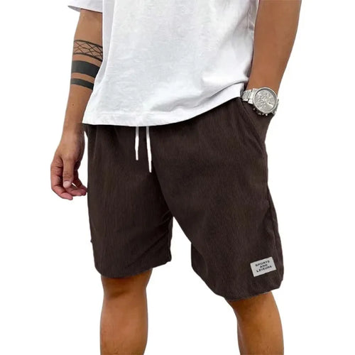 Summer Men's Solid Corduroy Shorts with Drawstring Casual Elastic