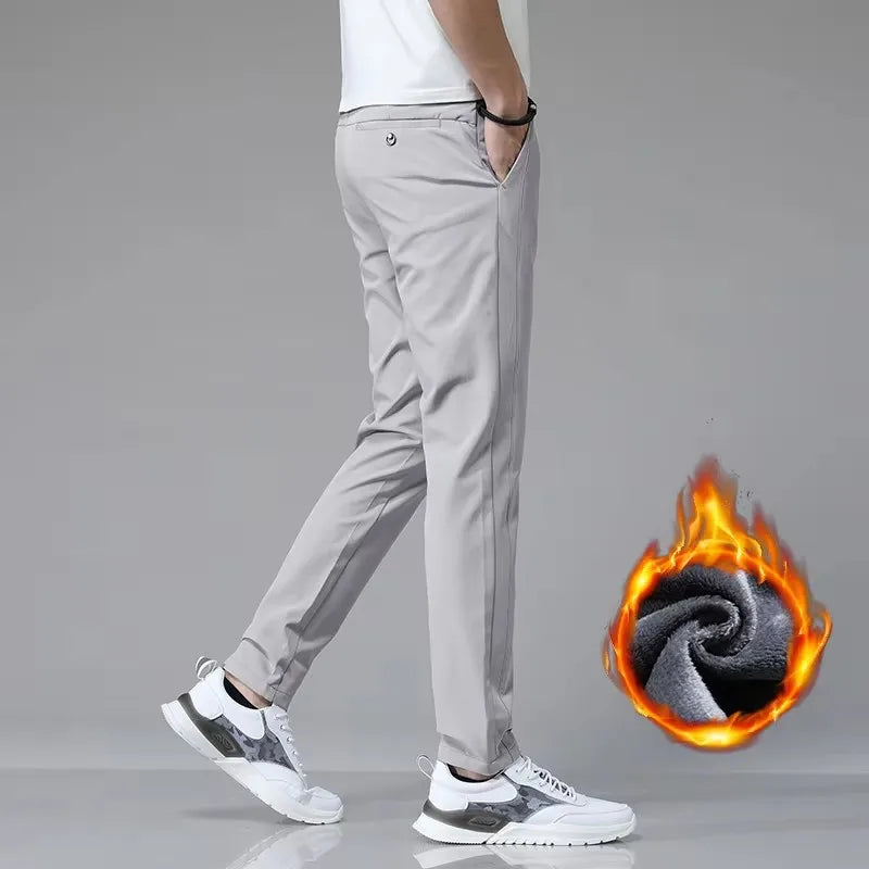 Winter Fleece Golf Casual Pants Men Business Slim Stretch Jogger Thick
