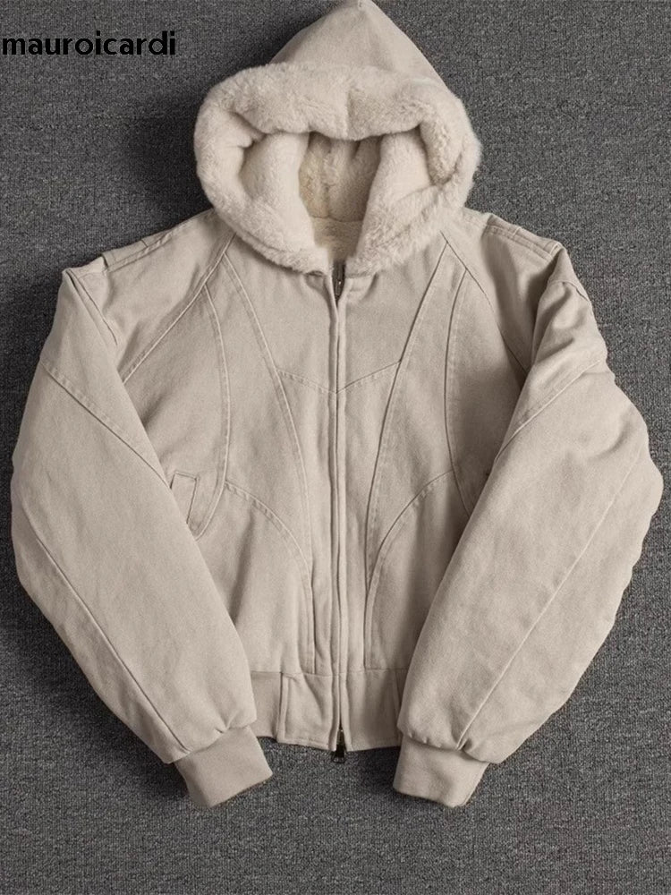 Mauroicardi Autumn Winter Short Thickened Warm Oversized Canvas Washed