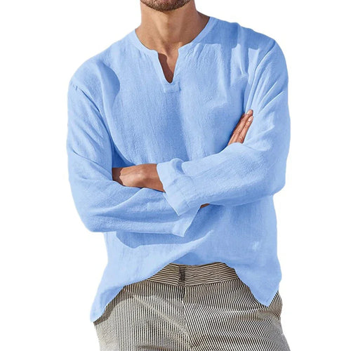 Men's Cotton Linen Shirt Cozy Solid Color Long Sleeve Breathable Tops
