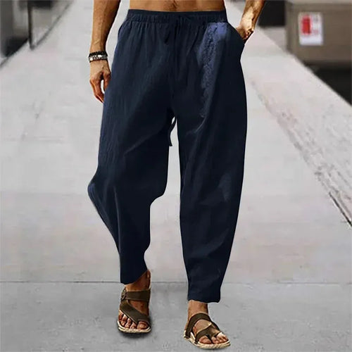New Men Cotton Linen Pants Summer and Autumn Solid High Waist Wide-Leg