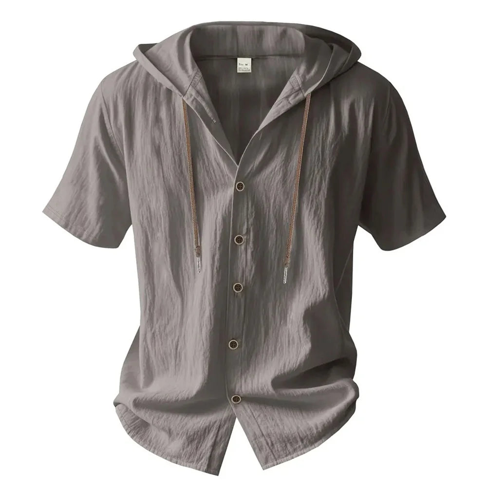 Cotton Linen Shirt for Men Hooded Short Sleeve Solid Color Breathable