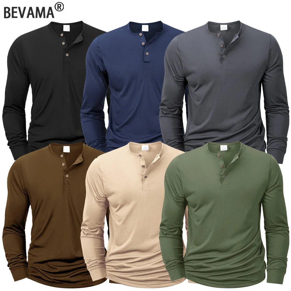Mens Long Sleeve Henley Neck T-shirt Slim Fit Bottoming Tshirt Casual