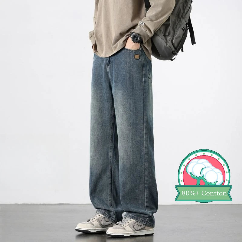 Spring Autumn New Men's Straight Vintage Fit Jeans Casual Trousers