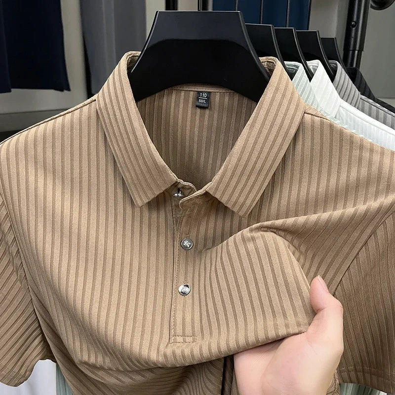 2025 New Men's Casual Fashion Striped Short Sleeved Collar Polo Shirt