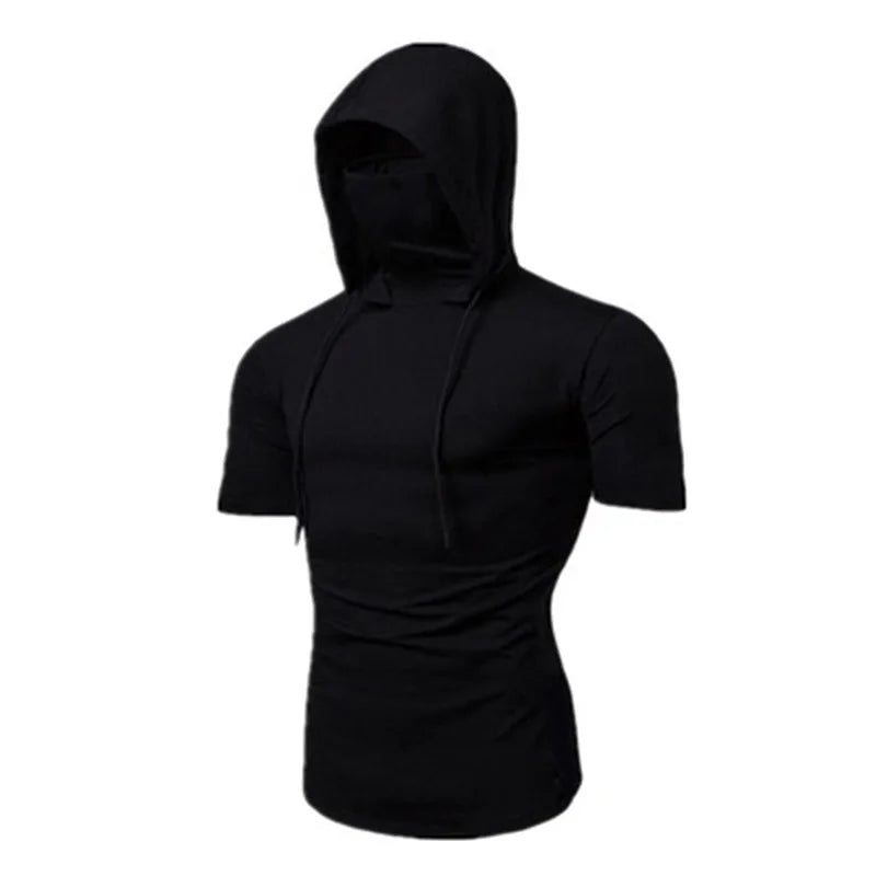 Mens Gym Thin Hoodie Short Sleeve Hoodies With Mask Sweatshirt Casual