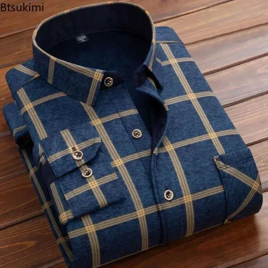 2024 Men's Winter Warm Long Sleeve Plaid Shirts Flannel Fur Lined