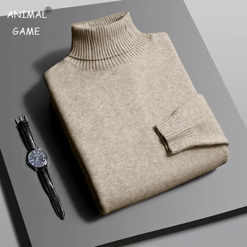 Autumn Mens High Quality Knitted Turtleneck Sweater Slim Fit Long