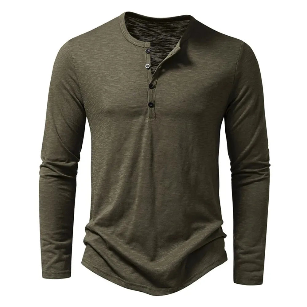 Autumn New Men's Cotton Button Long Sleeve  Henley Neck T-Shirt Casual