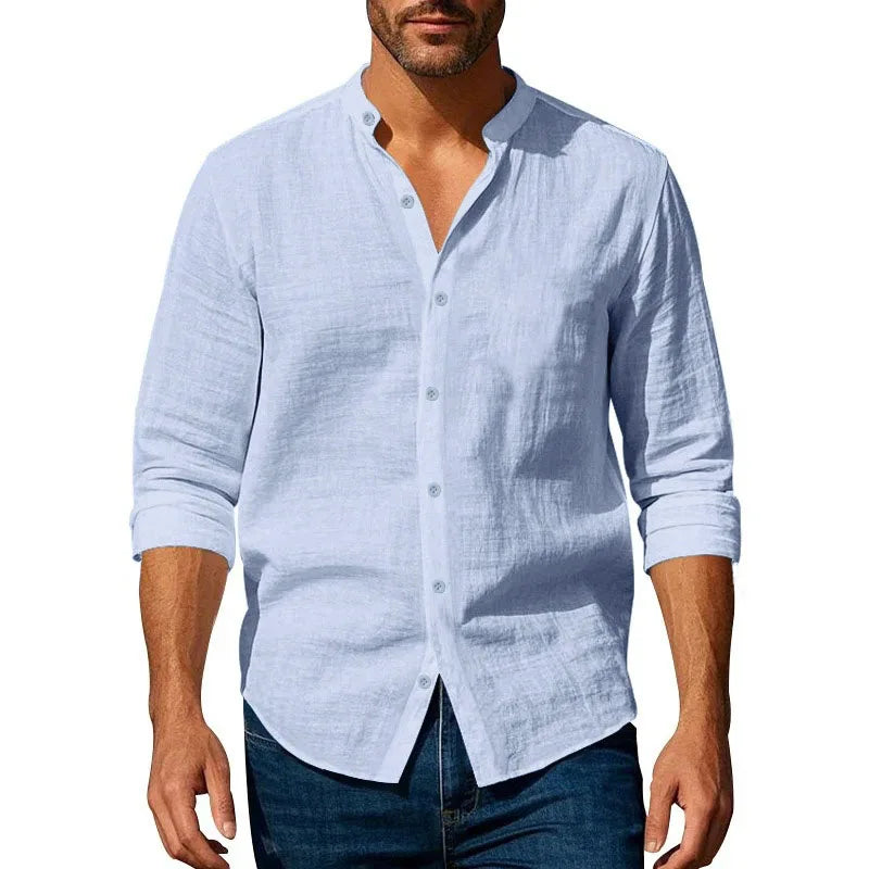 Cotton Linen Shirt for Men Henley Neck Solid Color Lightweight