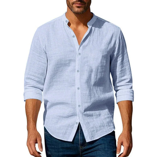 Cotton Linen Shirt for Men Henley Neck Solid Color Lightweight