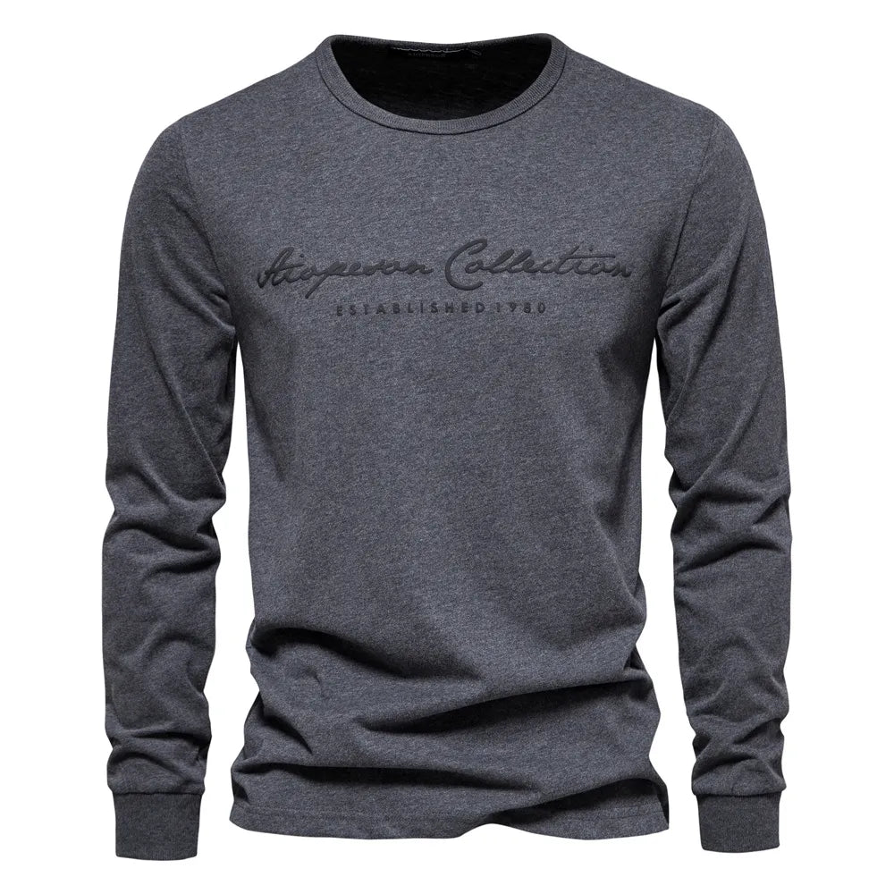 AIOPESON 100% Cotton Long Sleeve Men's T-shirt Solid Color Letter