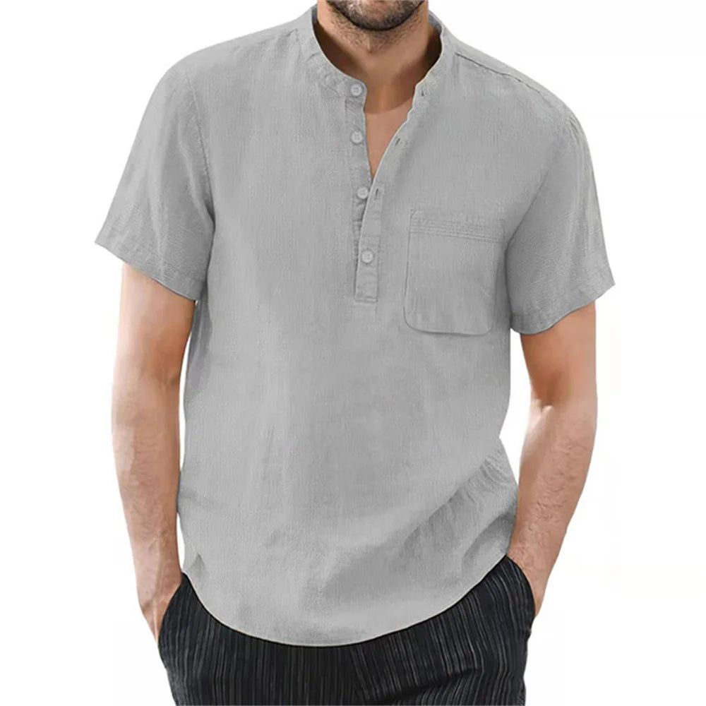Men's Short Sleeve T-shirt Cotton and Linen Casual Men T-shirts Solid