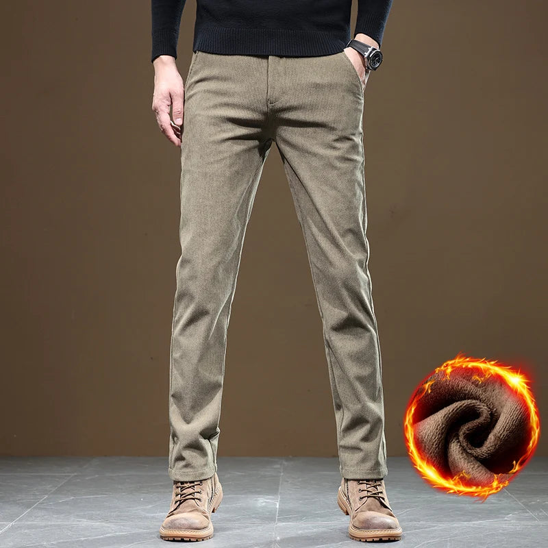 2024 New Winter Fleece Warm Corduroy Pants Men Business Fashion Slim