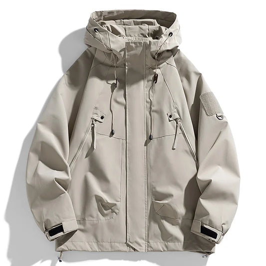 Windbreakers Men Hooded Jacket Zipper Coat Cargo Waterproof Black