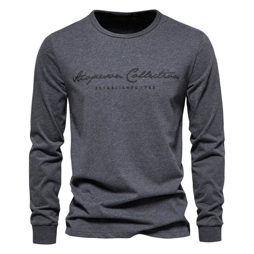 AIOPESON 100% Cotton Long Sleeve Men's T-shirt Solid Color Letter