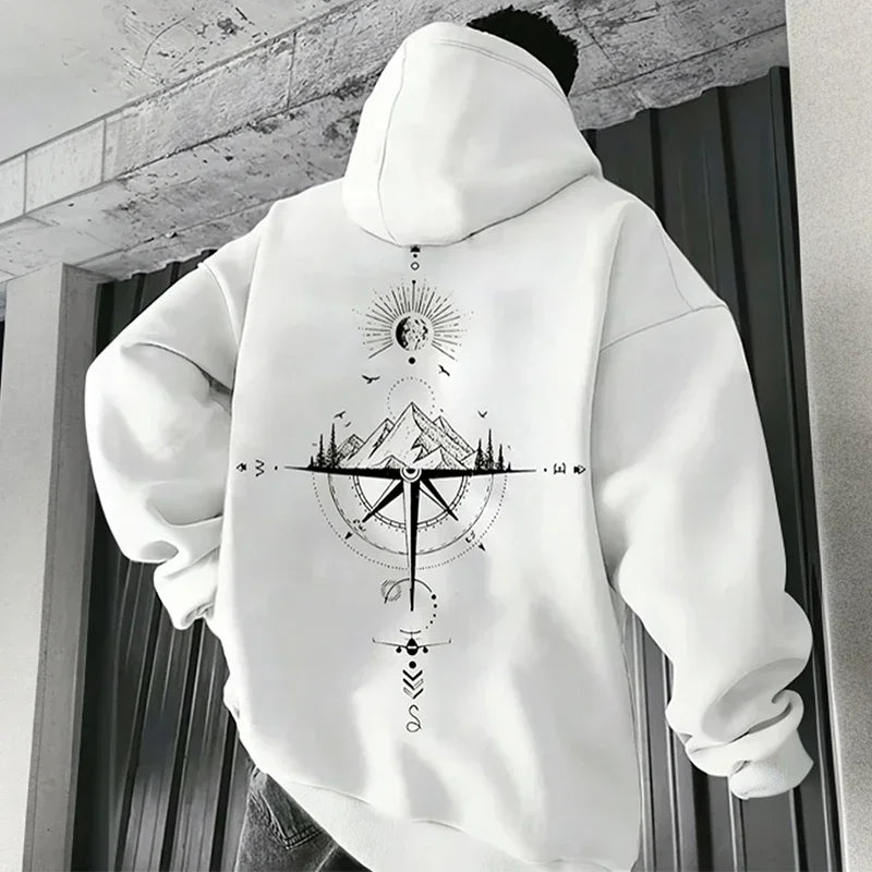 Vintage Compass Print Hoodies for Men High Quality Hooded Long Sleeve