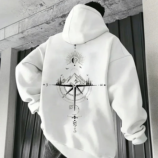 Vintage Compass Print Hoodies for Men High Quality Hooded Long Sleeve