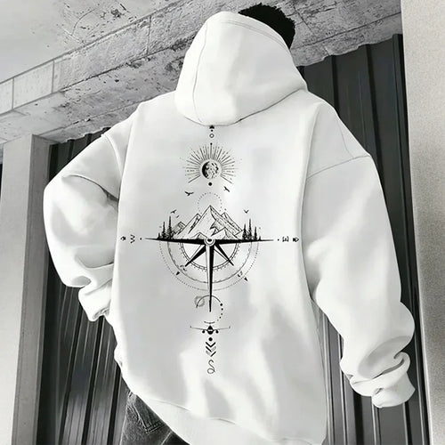 Vintage Compass Print Hoodies for Men High Quality Hooded Long Sleeve