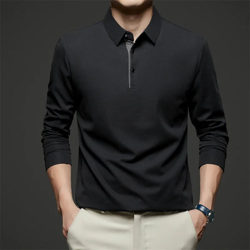 New Men's Business Casual  Long Sleeve Solid Color Polo Shirt