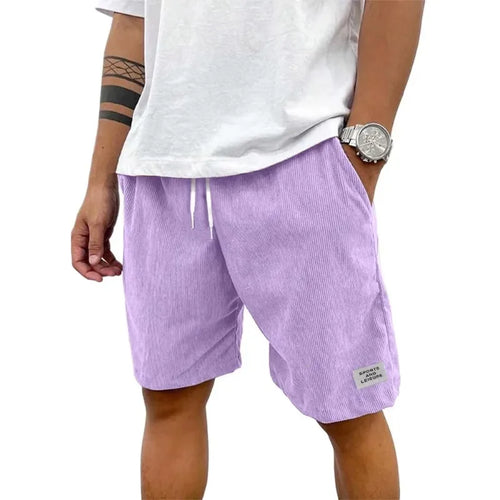 Summer Men's Solid Corduroy Shorts with Drawstring Casual Elastic