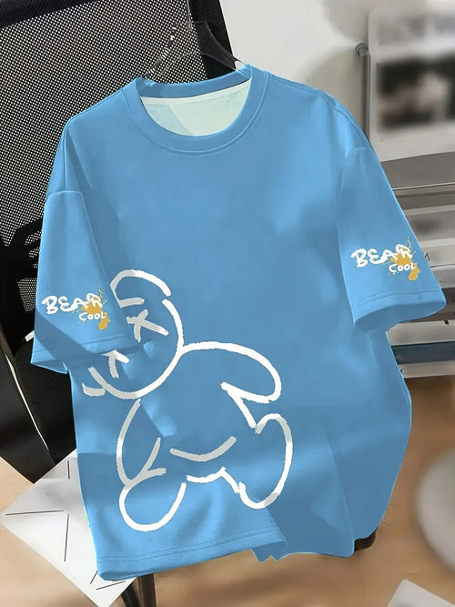 Summer men's round neck breathable T-shirt with cartoon bear print