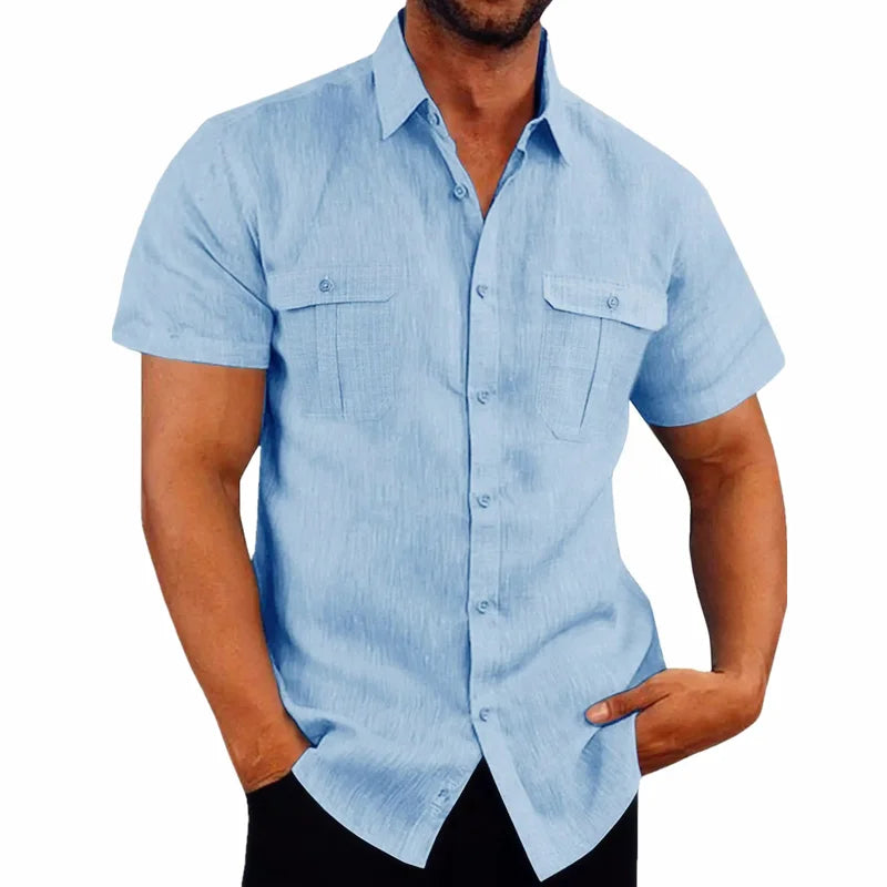 Cotton Linen Hot Sale Men Short-Sleeved Shirts Summer Solid Color