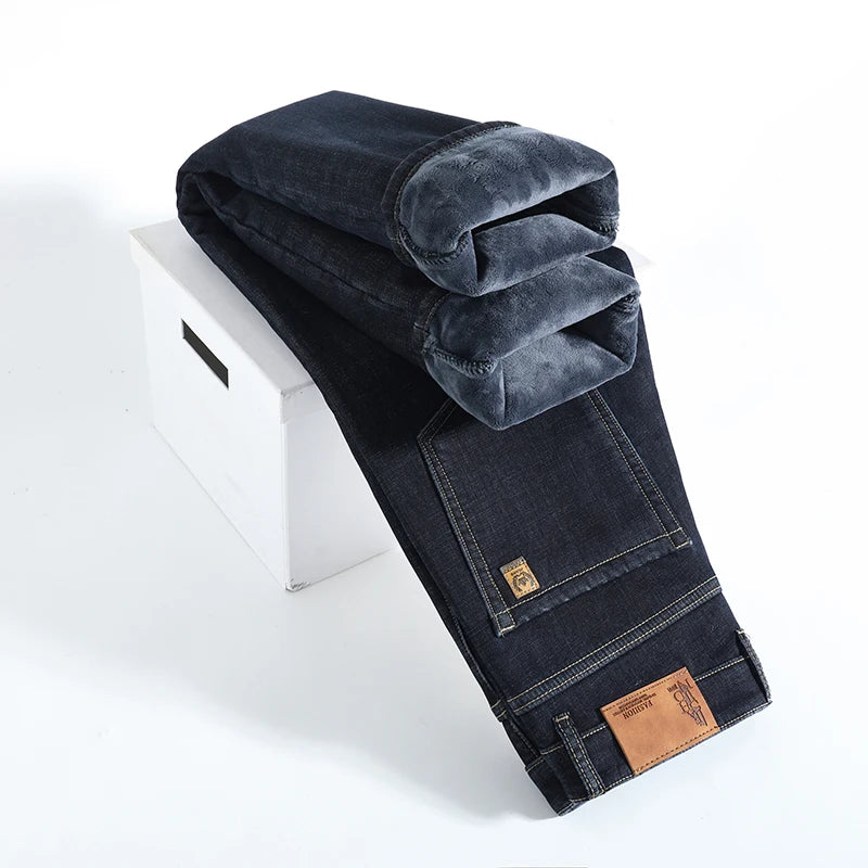 Winter Warm Fleece Jeans Men's Thick Thermal Casual Straight Denim