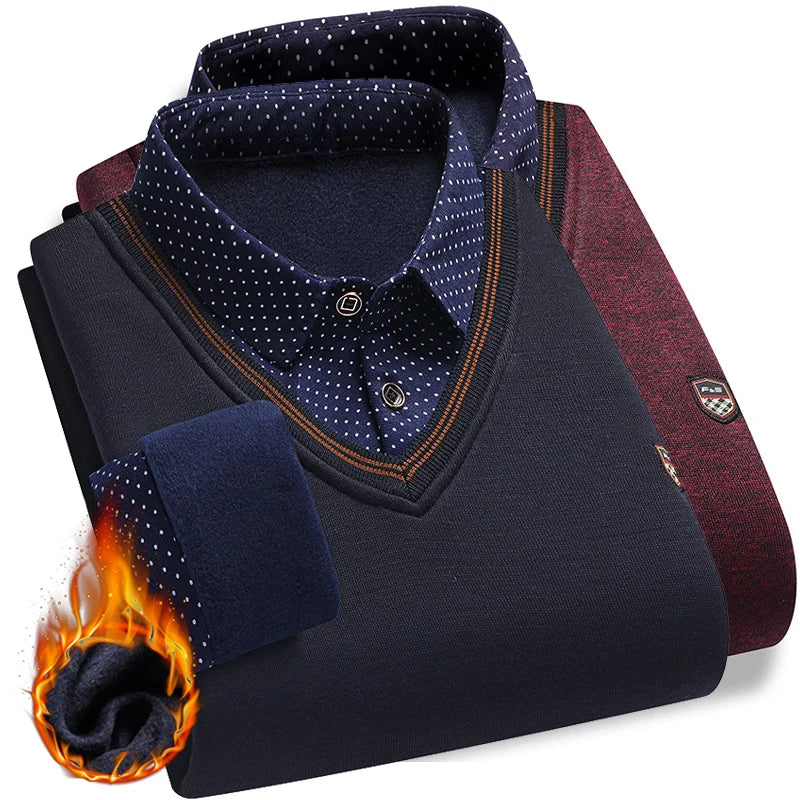 Men's Plush Sweater Autumn Winter Fake Two Piece Pullover Polo Shirt