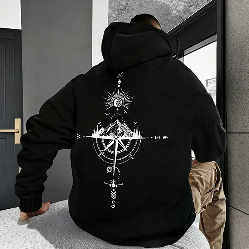 Vintage Compass Print Hoodies for Men High Quality Hooded Long Sleeve