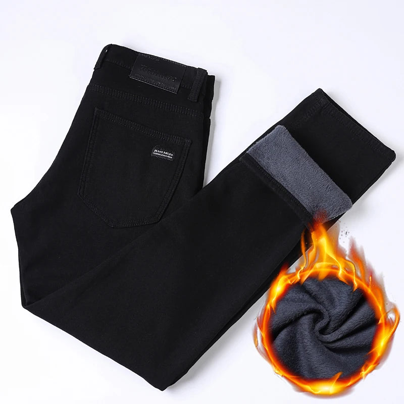 WTHINLEE Winter Men Black Straight Stretch Denim Thick Velvet Pants