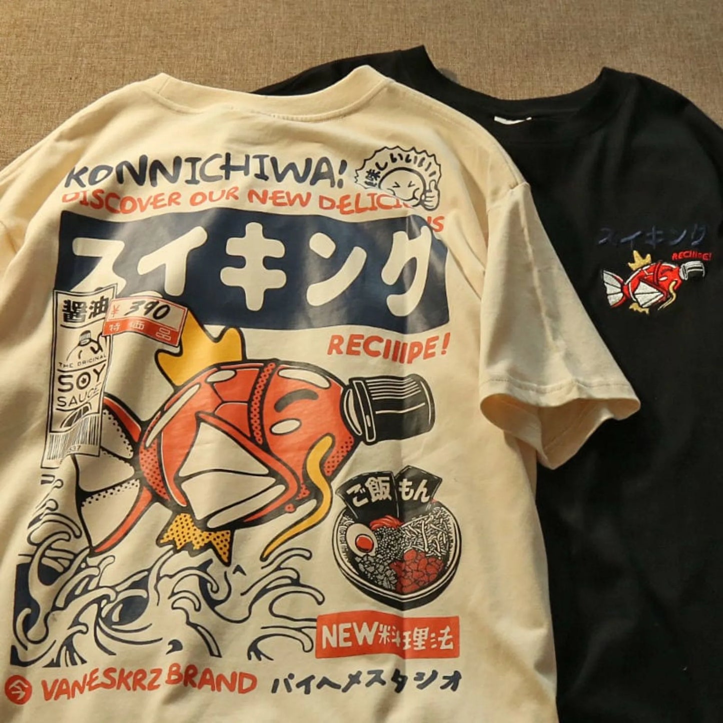 Japanese Streetwear T-shirt Men Koi Fish Soy Sauce Print Casual Women
