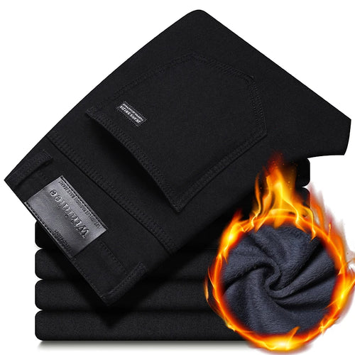 WTHINLEE Winter Men Black Straight Stretch Denim Thick Velvet Pants