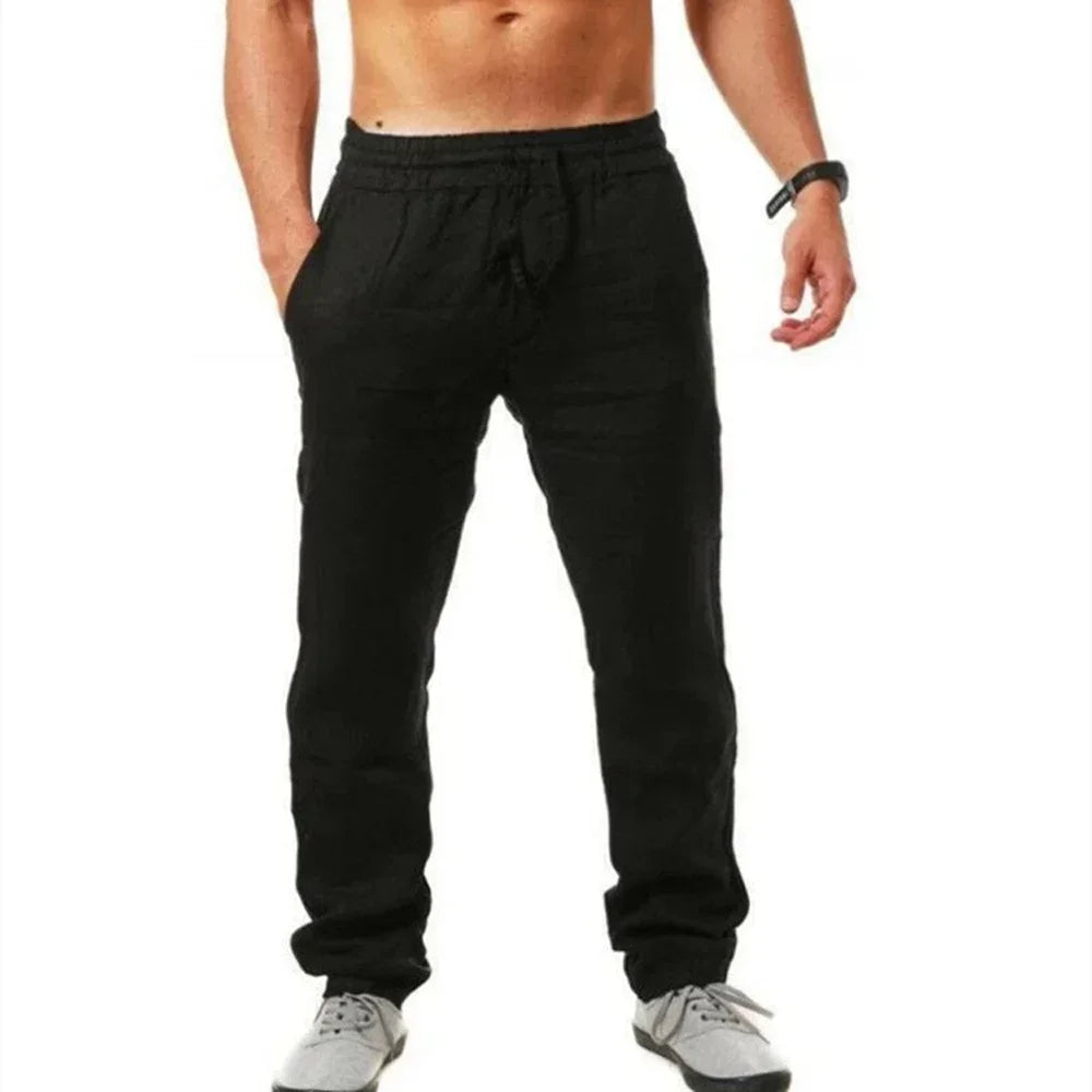 Men's Cotton Linen Pant Loose Breathable Elastic Waist Pants Solid