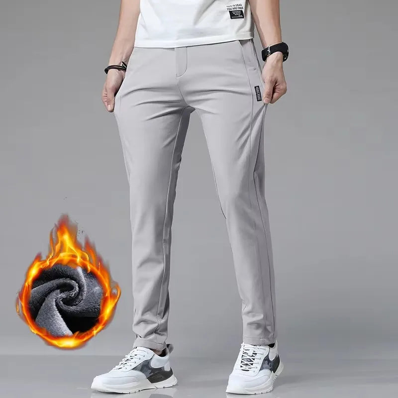 Winter Fleece Golf Casual Pants Men Business Slim Stretch Jogger Thick