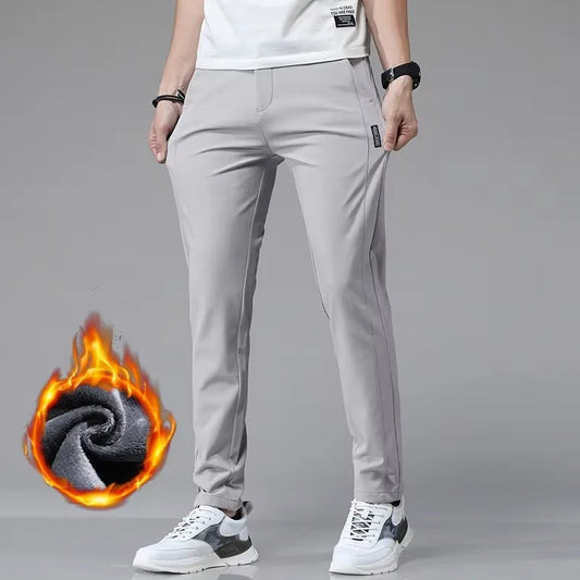 Winter Fleece Golf Casual Pants Men Business Slim Stretch Jogger Thick
