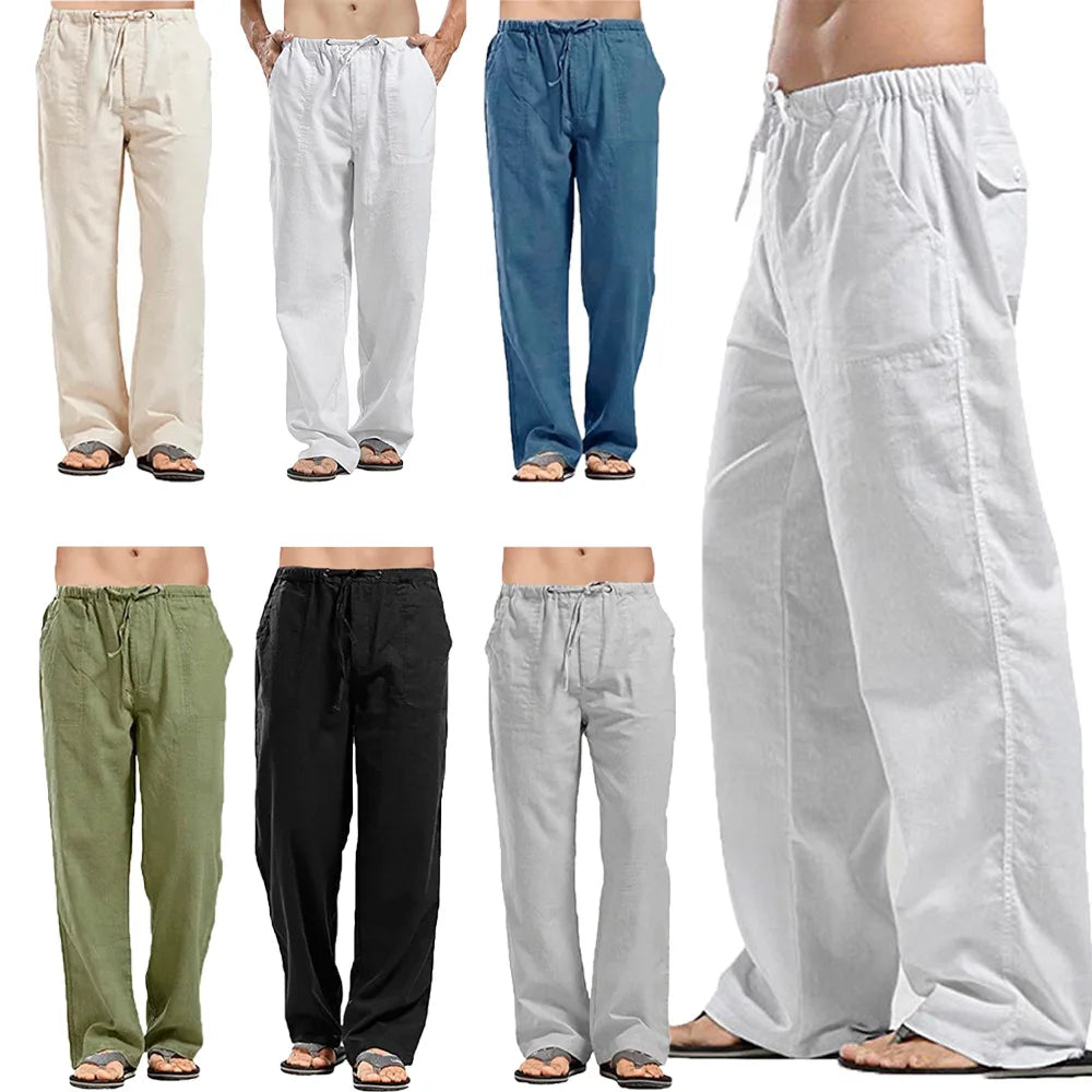 Men's Cotton Linen Pants Summer Solid Color Breathable Linen Trousers