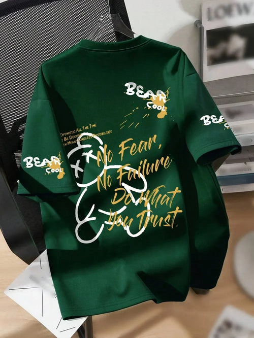 Summer men's round neck breathable T-shirt with cartoon bear print