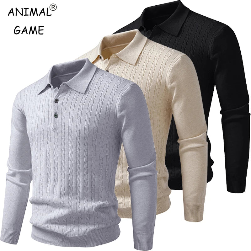 Autumn Mens Polo Sweater V Neck Long Sleeve Knit Button Polos Ribbed