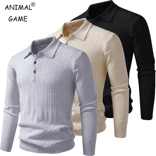 Autumn Mens Polo Sweater V Neck Long Sleeve Knit Button Polos Ribbed